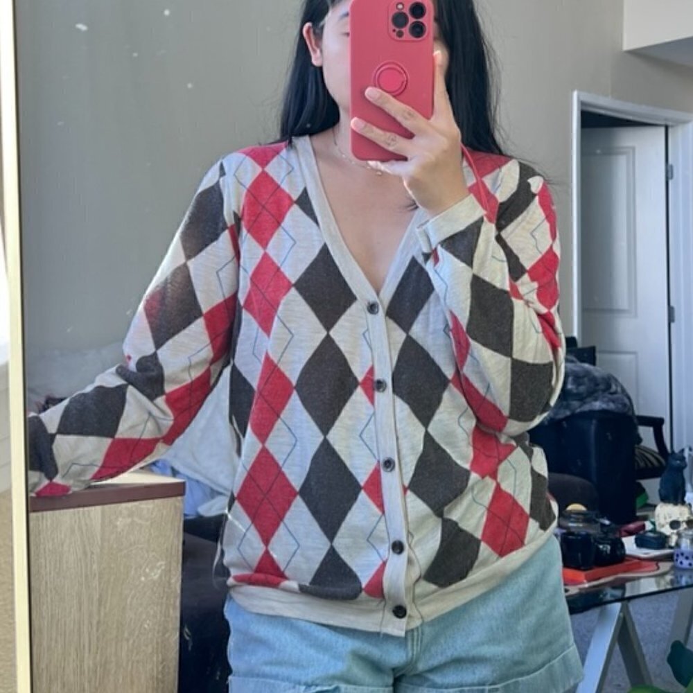 Gray Red Argyle Print V-Neck Lightweight Cardigan S​​​​​​​​​​​​​​​​​​​